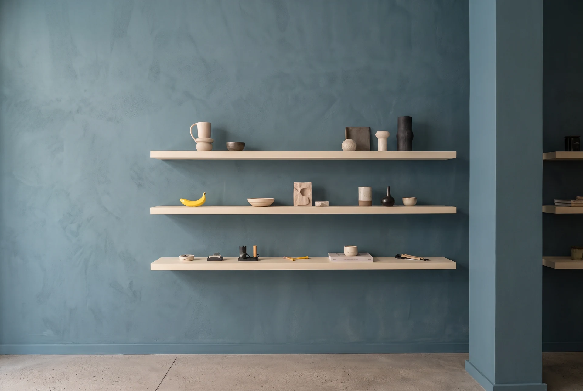 Shelves — ceramics and coloured plaster