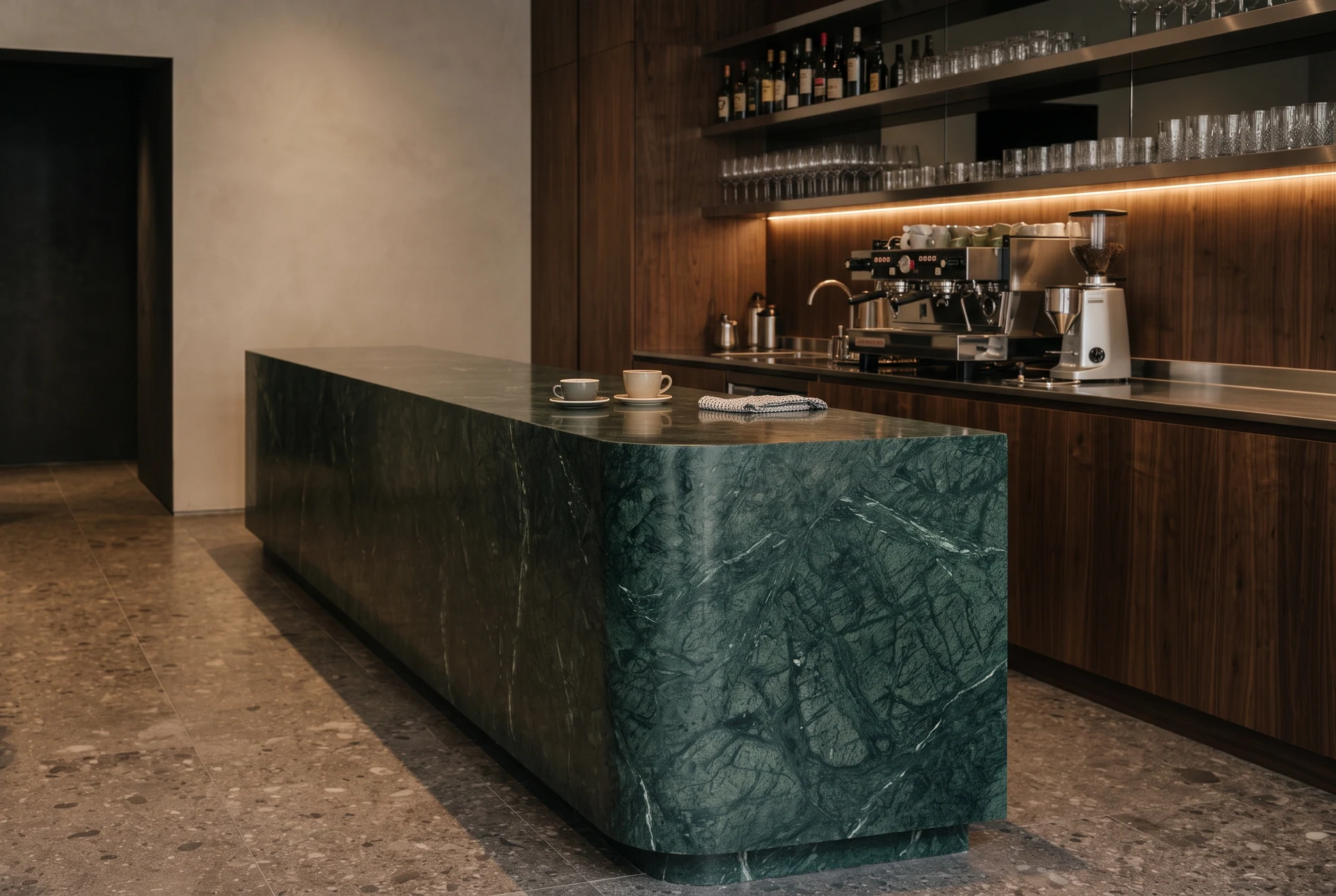 Counter — green marble and backbar