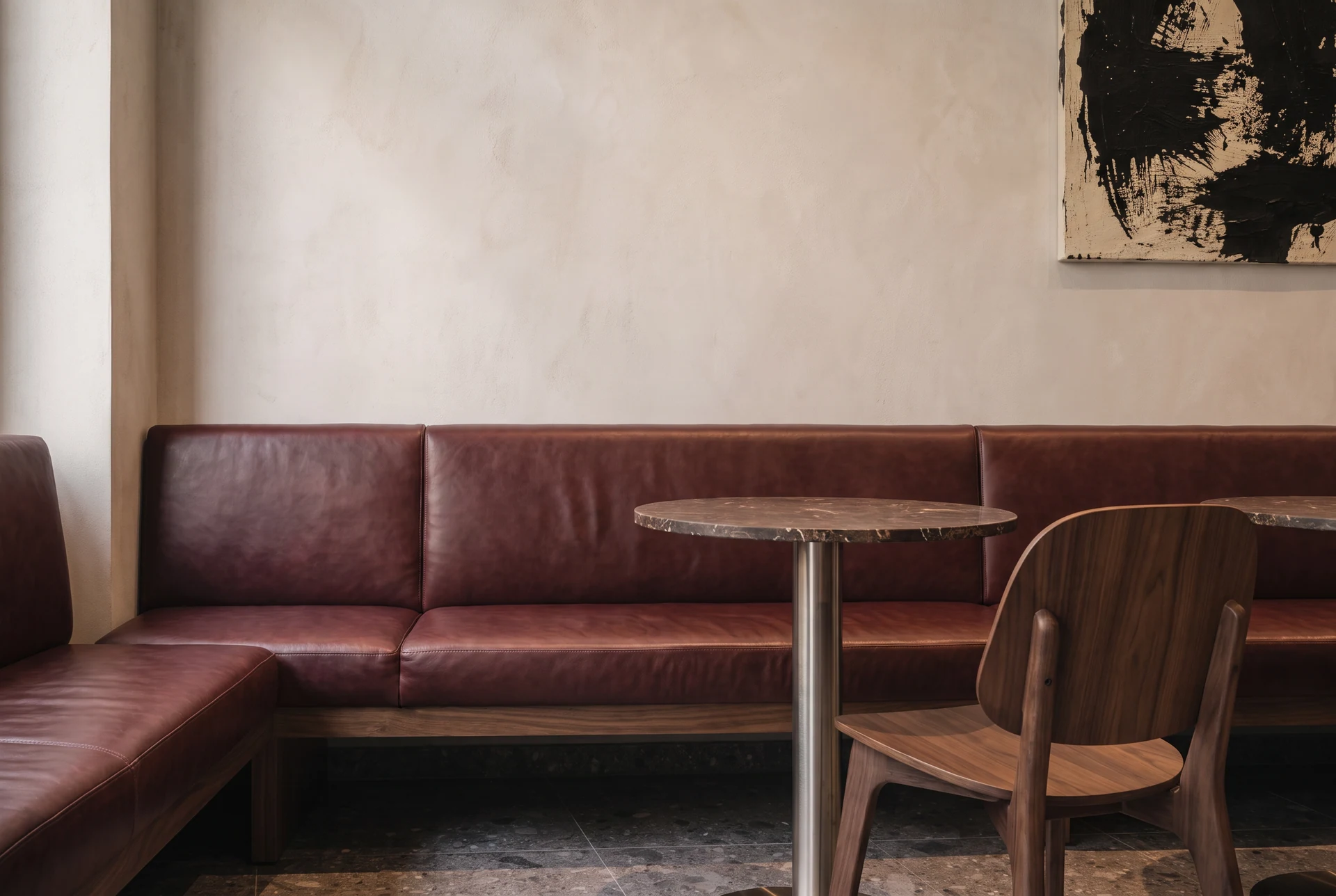 Seating — leather, stone and walnut