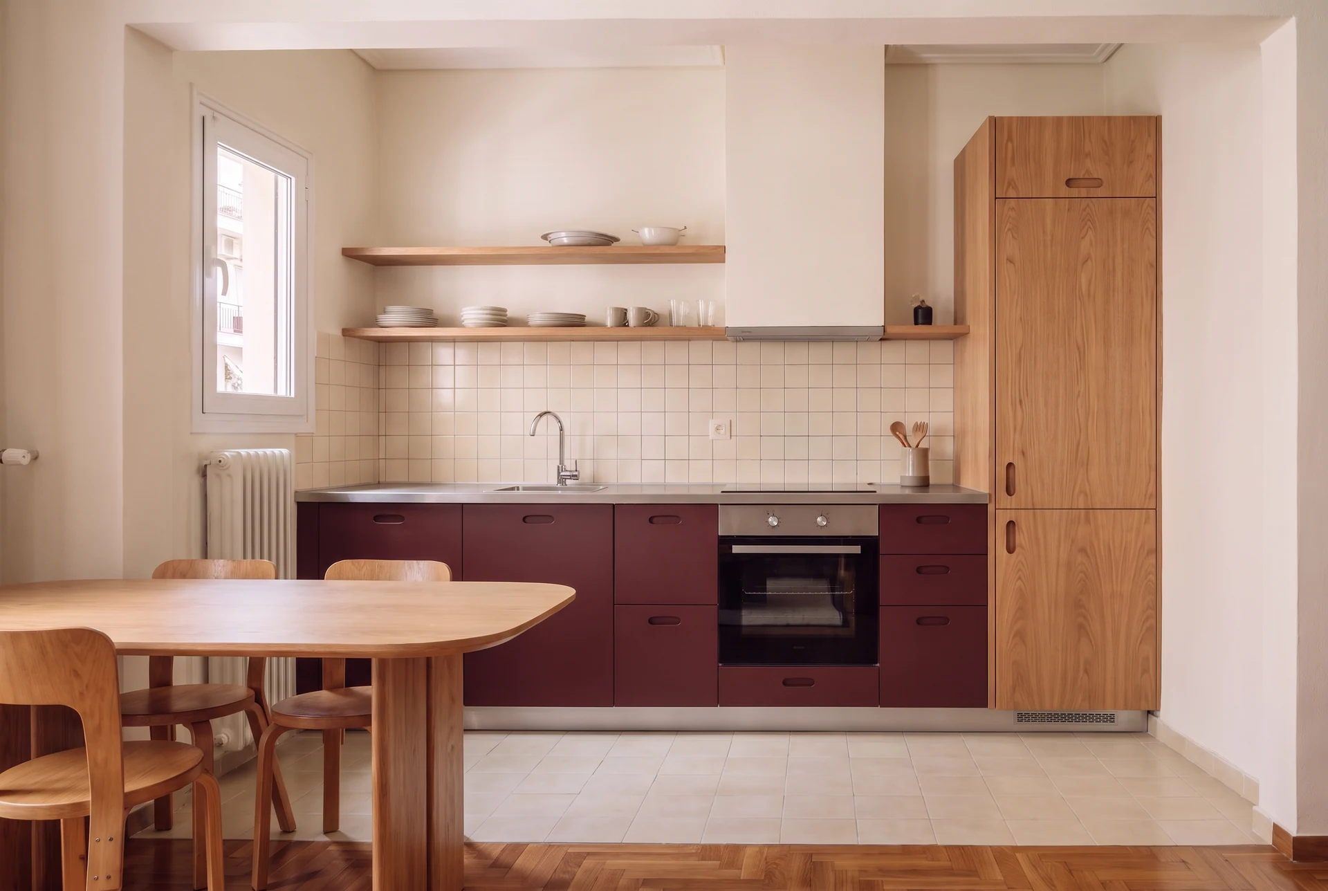 Kitchen — burgundy, oak and steel