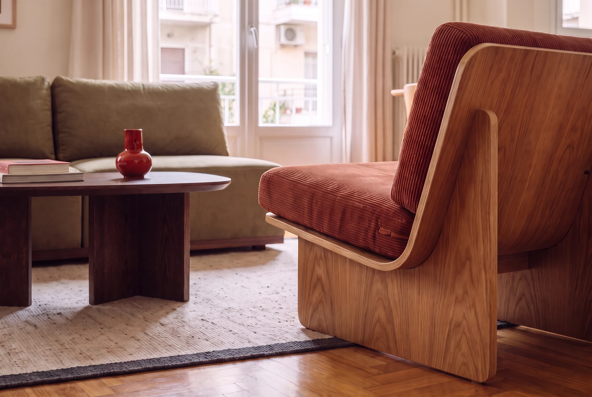 Armchair — curved wood and corduroy