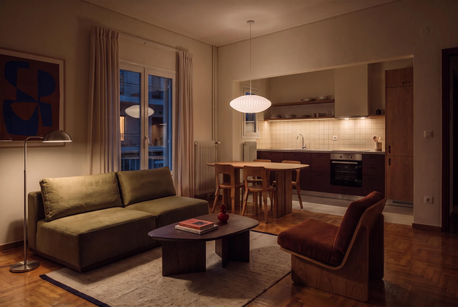 Living and dining room — evening lighting